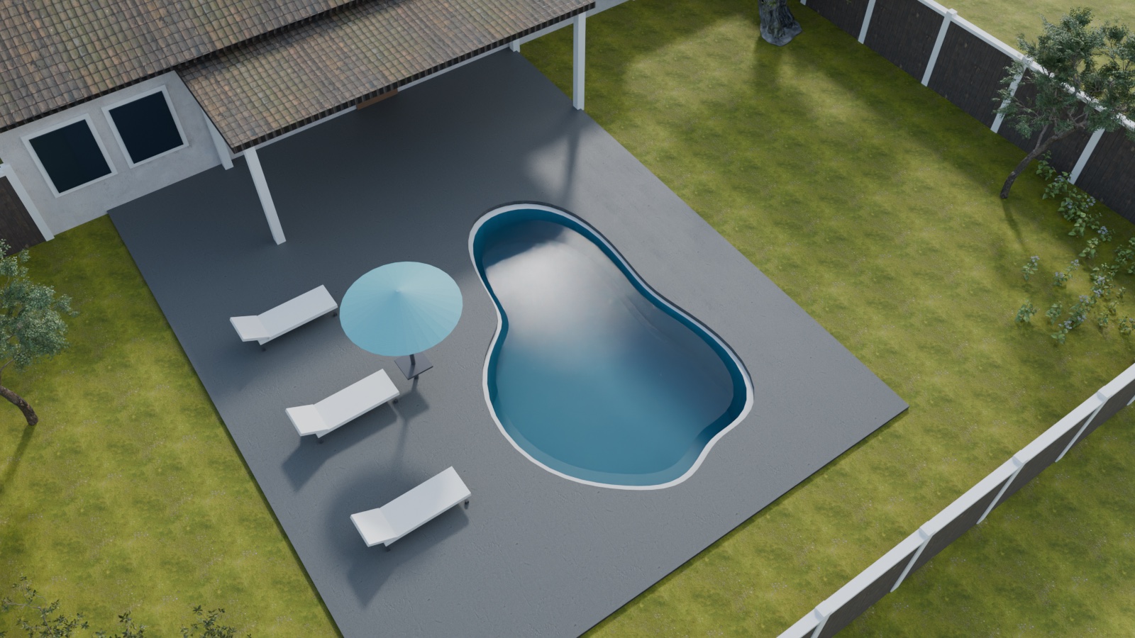 A freeform lagoon pool rendered into a real backyard