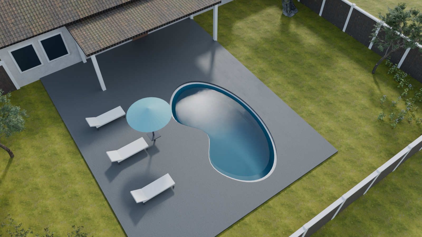 A kidney-shaped pool rendered into a real backyard